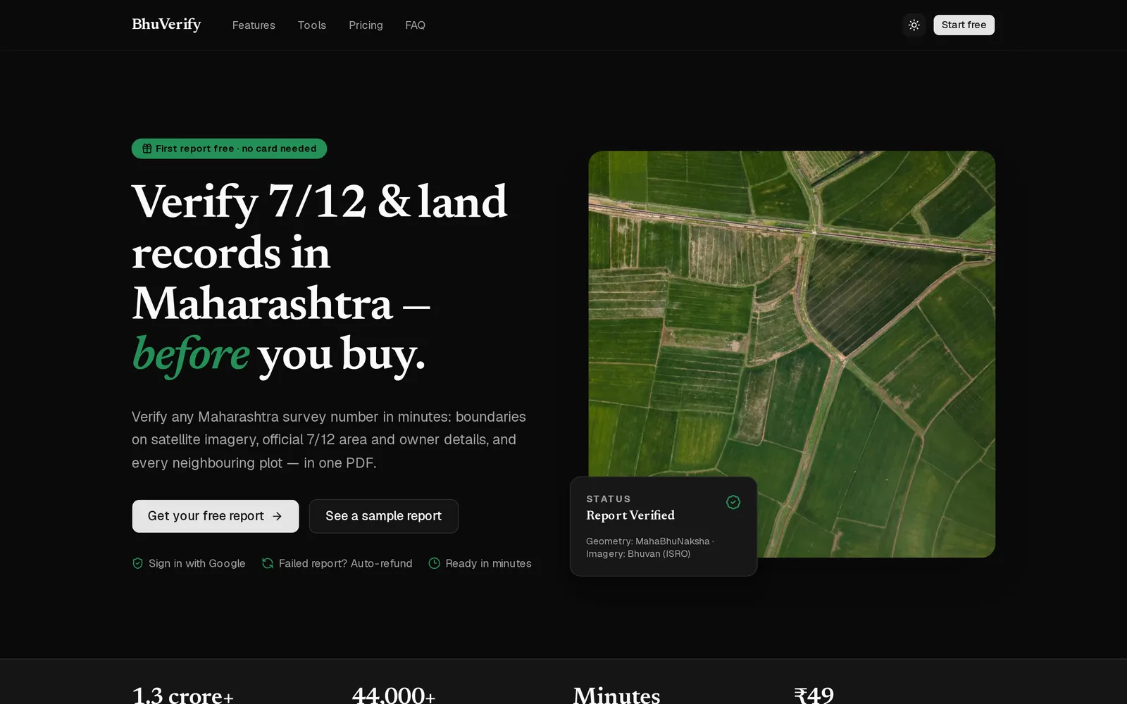 BhuVerify home page in dark mode: the same headline and satellite photo on a near-black background.