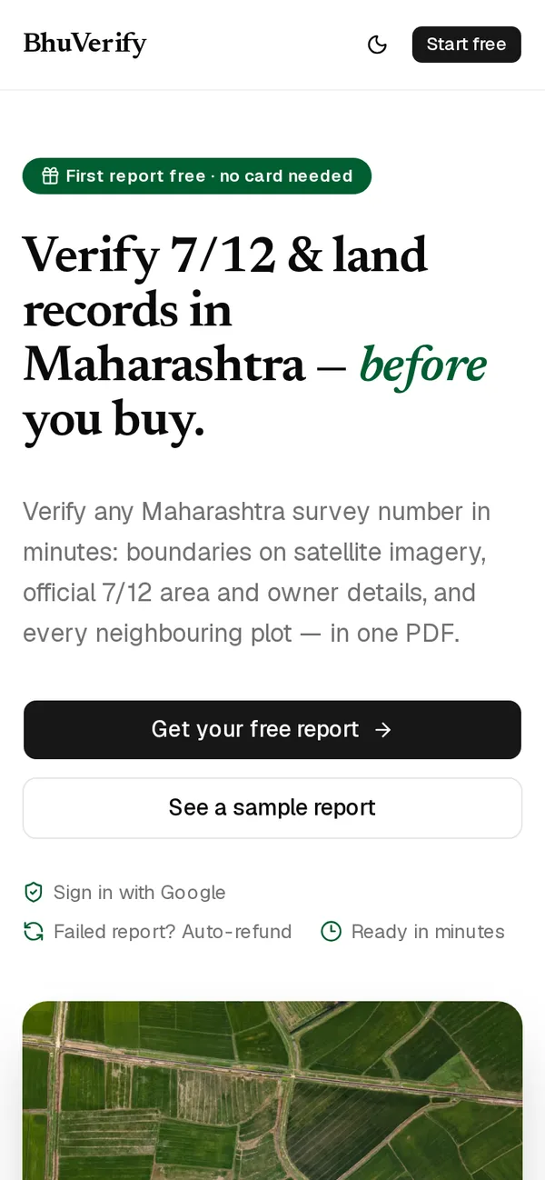BhuVerify on a phone, with the “Get your free report” button.