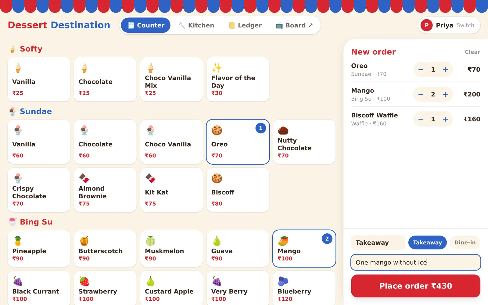 Dessert Destination counter screen on a tablet: the menu of softies, sundaes and bing su on the left, and a new order with a red Place order button on the right.