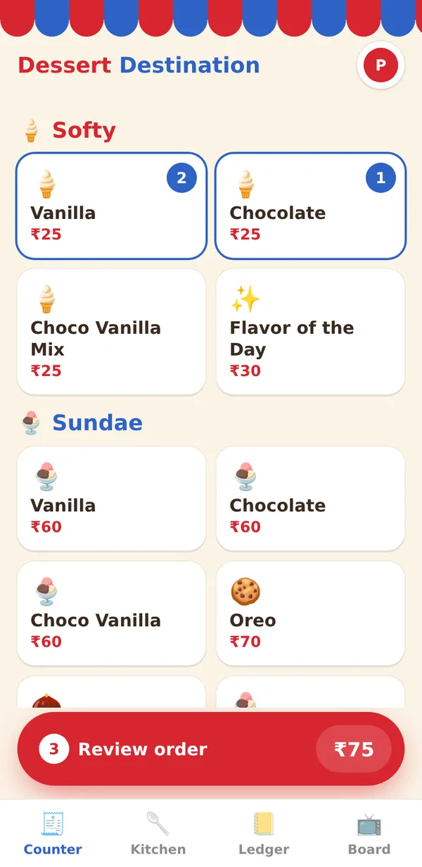 Dessert Destination on a phone: the menu with item counts and a red Review order bar.